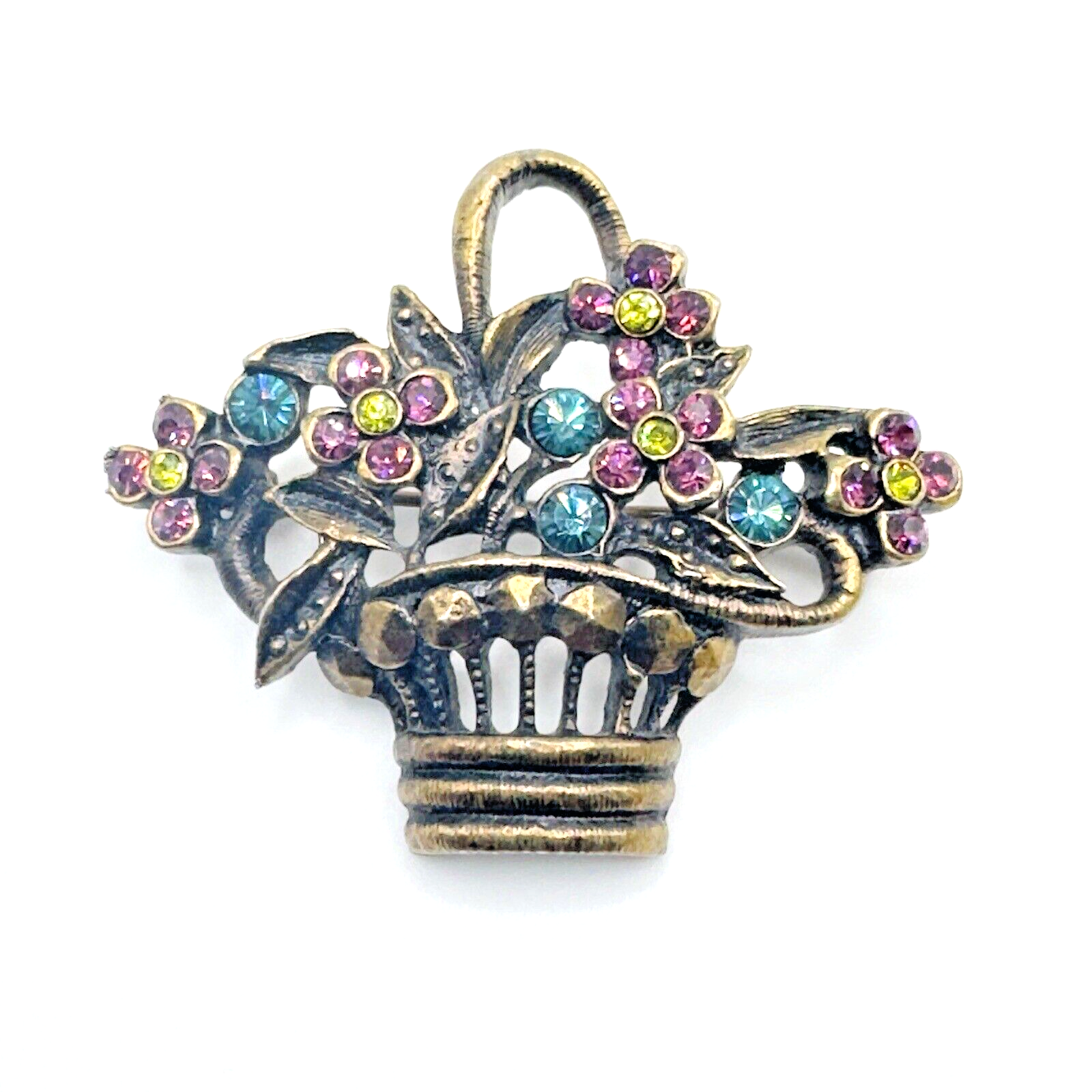 Vintage 1928 Brand Flower Basket Brooch Brass Rhinestones Purple Green Flowers 19$